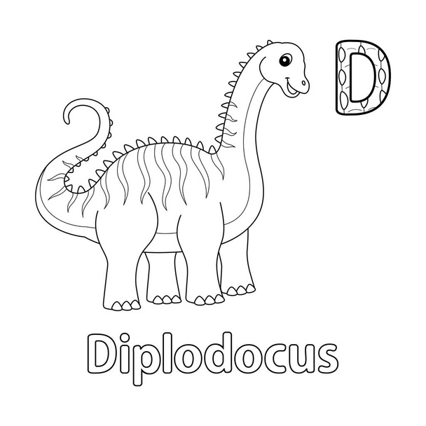 Questa immagine vettoriale ABC mostra una pagina di colorazione Diplodocus. È isolato su uno sfondo bianco. Perfetto per bambini e studenti delle scuole elementari per imparare l'alfabeto e tutte le sue lettere. - Vettoriali, immagini