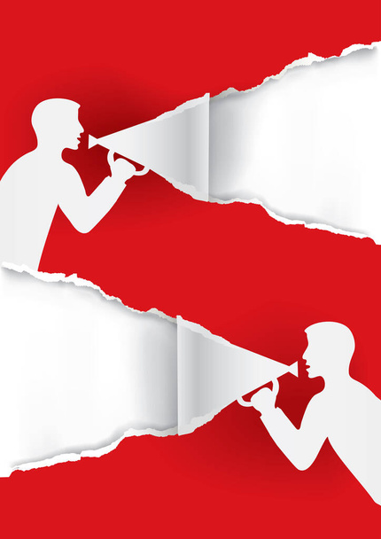 Two Men with megaphone tearing red paper, promotion background. Illustration of paper background with stylized male silhouettes. Template for original advertising banner. Vector available. - Vector, Image