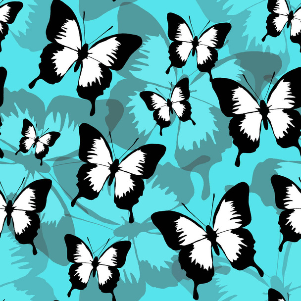 butterfly seamless repeat pattern design background. Random colorful butterfly silhouette, cute girly pastel.black and white. Overlay - Fotografie, Obrázek