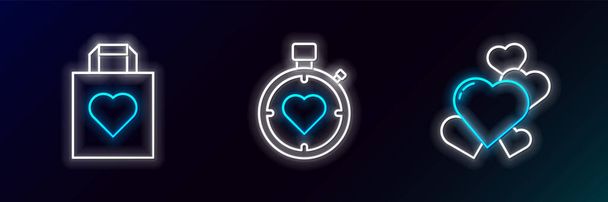 Set line Heart, Shopping bag with heart and the center stopwatch icon. Glowing neon. Vector - Διάνυσμα, εικόνα