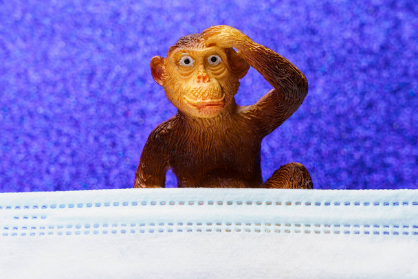 Образец обезьяны под медицинской хирургической маской. Понятие оспы или обезьяньей оспы. Фон с пространством для копирования текста - Фото, изображение