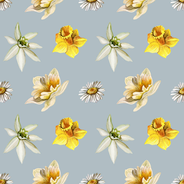 Watercolor seamless pattern with daffodils and daisies. Hand-drawn floral ornament on a blue background. Spring flowers - Photo, Image