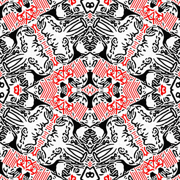 赤黒のシームレスアラベスクモザイクバンダナパターン。現代の男性のネッカーチーフ幾何学的なスカーフプリント、抽象的なグラフィックファッションと壁紙アートタイル - 写真・画像