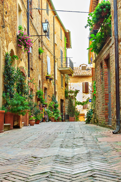 Στενό δρόμο στην παλιά πόλη, Pienza, Τοσκάνη, Ιταλία, Ευρώπη - Φωτογραφία, εικόνα