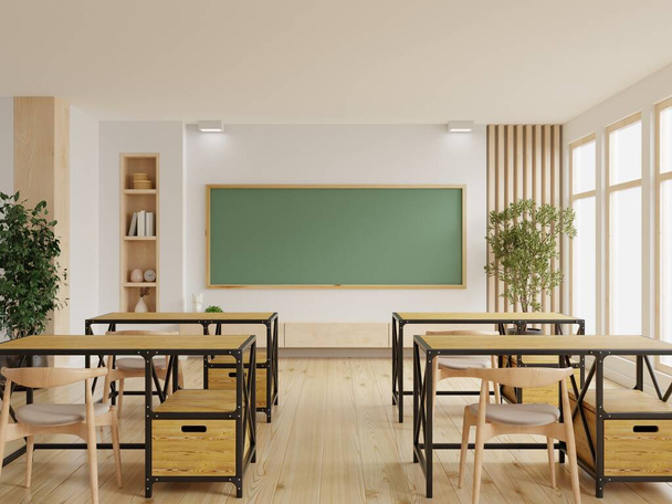 Клас зі шкільними столами та зеленою дошкою, порожній шкільний клас.3d візуалізація
 - Фото, зображення