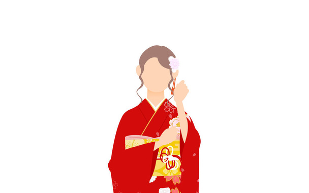 Una mujer en kimono, usando un furisodio (kimono de manga larga) Pausa para arreglarte el cabello. - Vector, imagen