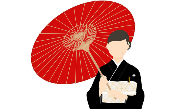 Oudere vrouw in kurotomesode, kimono-gekleed, poseerde standaard onder een paraplu - Vector, afbeelding