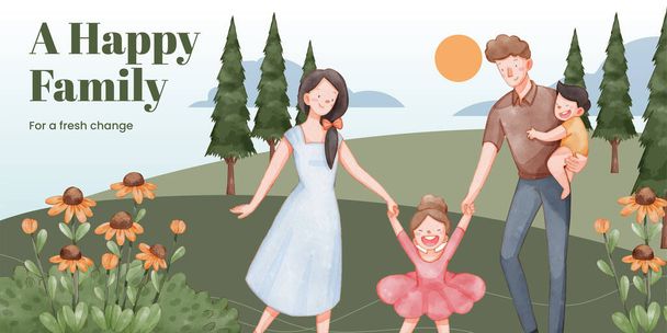 Head blog template with family fun day concept,watercolor style - Vector, Image
