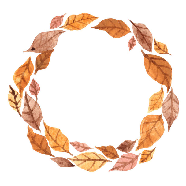 秋の装飾と素朴な自然のための茶色の葉花輪水彩画. - 写真・画像