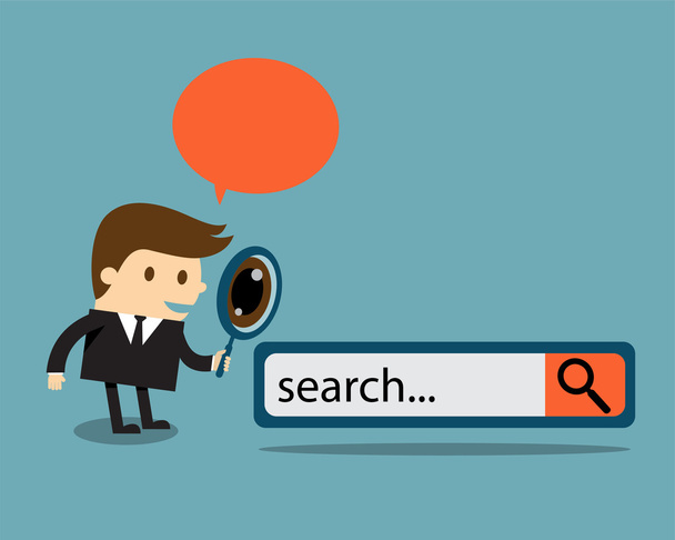 Homme d'affaires examine à travers une loupe avec bouton de moteur de recherche
 - Vecteur, image