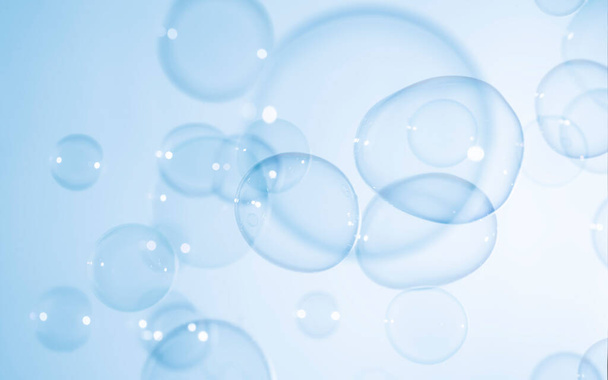 Abstract Beautiful Transparent Blue Soap Bubbles Background. Soap Sud Bubbles Water - Photo, Image