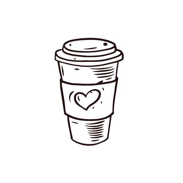 Handgezeichnete Papptasse Kaffee to go. Schwarze Farbskizze Stil-Doodle-Symbol. Vektorkunst. - Vektor, Bild