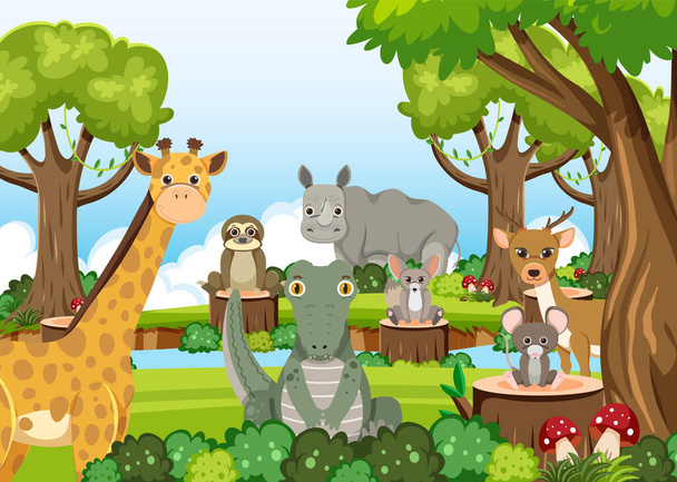 Cute wild animals in the forest illustration - Vector, Image