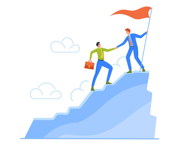 Персонаж бизнес-лидера помочь коллеге подняться на вершину горы с поднятым красным флагом, бизнесмен помочь товарищу по команде подняться на рок-пик. Командная работа, концепция лидерства. Вектор мультипликации - Вектор,изображение