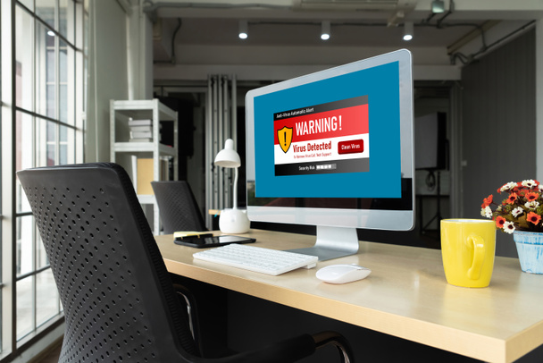 Alerta de advertencia de virus en la pantalla del ordenador detectado amenaza cibernética modish, hacker, virus informáticos y malware - Foto, Imagen
