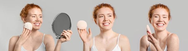 Set van mooie jonge roodharige vrouw met make-up sponzen op grijze achtergrond - Foto, afbeelding