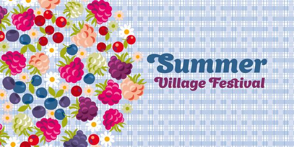 Summer berries over farmhouse style plaid background. Assorted blueberry and raspberry berries vector illustration for invitation, banner, header, print, web, etc. - Vector, Image