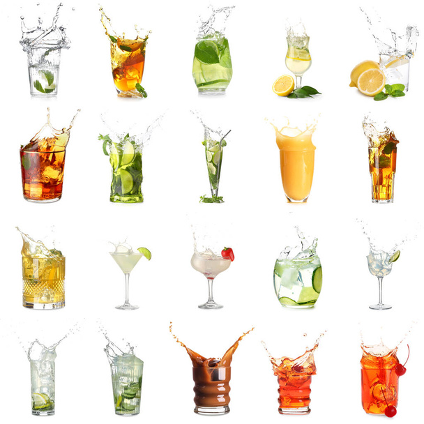 Set di bevande diverse con spruzzi isolati su bianco - Foto, immagini