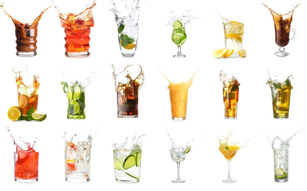 Σύνολο από διαφορετικά ποτά με πιτσιλιές που απομονώνονται σε λευκό - Φωτογραφία, εικόνα