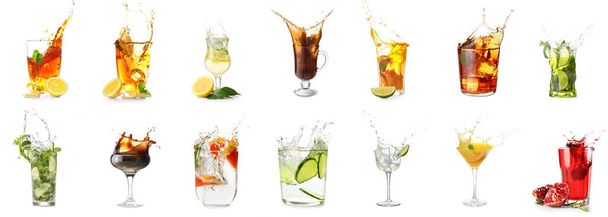 Set de diferentes bebidas con salpicaduras aisladas en blanco - Foto, imagen