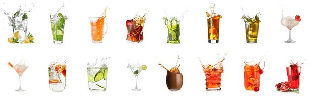 Set of different drinks with splashes isolated on white - Photo, Image