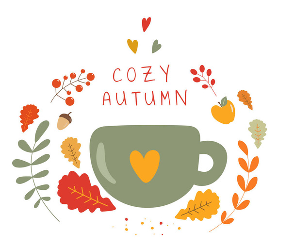 Autumn orange leaves and mug with hot seasonal beverage vector cozy illustration. Fall cup with coffee and tea cartoon paint - Vettoriali, immagini