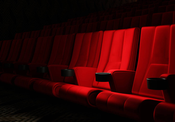 Filas de asientos de terciopelo rojo viendo películas en el cine con fondo de pancarta de espacio de copia. Concepto de entretenimiento y teatro. Visualización de ilustración 3D - Foto, imagen