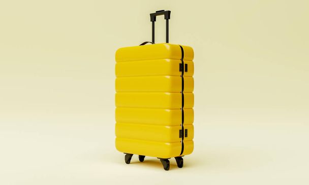 Arka planda sarı tramvay valizi. Seyahat objesi ve seyahat tutkusu kavramı. 3B illüstrasyon oluşturma - Fotoğraf, Görsel