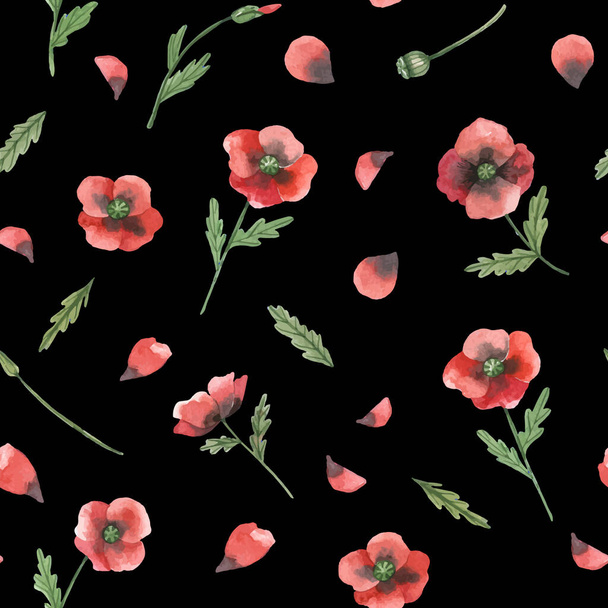 赤ポピーの花で水彩のシームレスなパターン - ベクター画像
