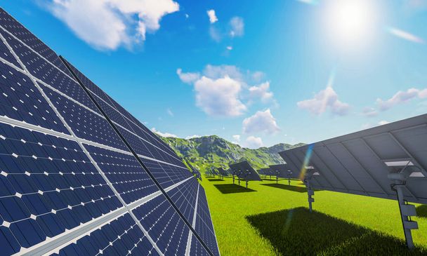 Elektrownia słoneczna z panelami słonecznymi do wytwarzania energii elektrycznej z zielonej energii. Koncepcja technologii i elektrociepłowni. Ilustracja 3D renderowania - Zdjęcie, obraz