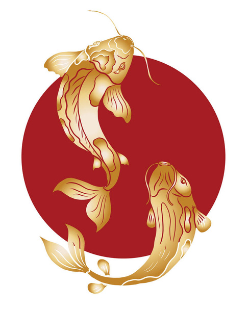 Ручний малюнок Коі на червоному тлі за сприятливість китайського нового року. Золота риба на фестивалі на зворотньому шляху красиве лінії мистецтва кої риба. - Вектор, зображення