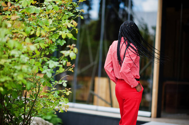 Pretty braids business african american lady bright bossy person friendly wear office red shirt and trousers.  - Fotoğraf, Görsel