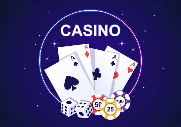 Καζίνο Εικονογράφηση κινουμένων σχεδίων με κουμπιά, Κουλοχέρη, Ρουλέτα, Μάρκες Πόκερ και Παίζοντας Κάρτες για το σχεδιασμό στυλ παιχνιδιού - Διάνυσμα, εικόνα