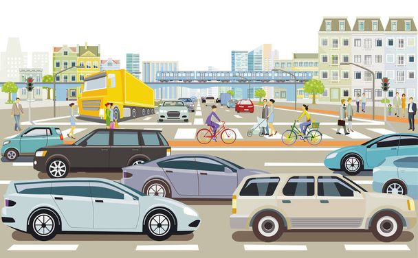 Silueta de la ciudad con tráfico por carretera y personas en la ilustración del paso de peatones - Vector, imagen