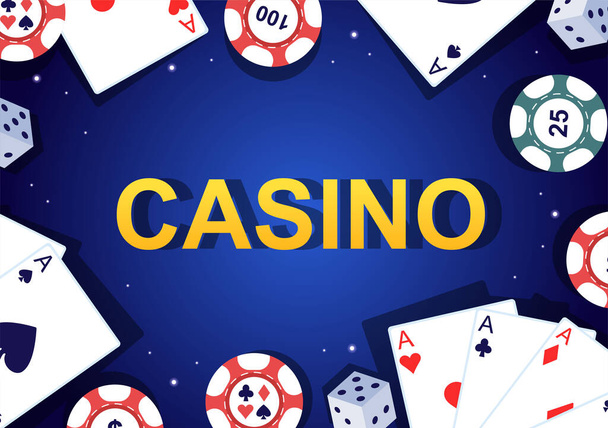 Карикатура казино с помощью кнопок, игровых автоматов, рулетки, фишек для покера и игровых карт для оформления игорного стиля - Вектор,изображение