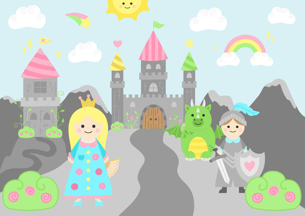 Векторная иллюстрация принцессы сказки. Фон замка с принцем, драконом и принцессой. - Вектор,изображение