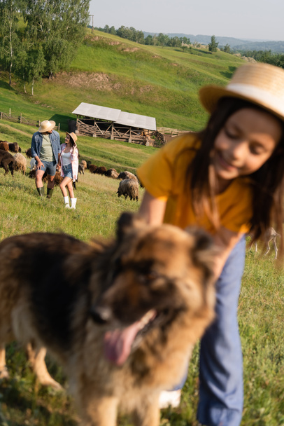 ζευγάρι με ψάθινα καπέλα που βόσκουν βοοειδή κοντά στην κόρη και το σκυλί βοοειδών σε θολή πρώτο πλάνο - Φωτογραφία, εικόνα