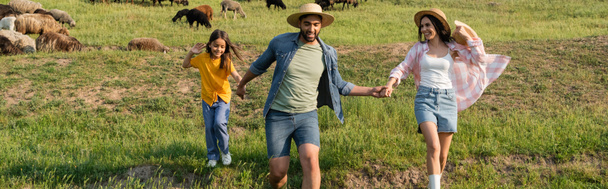 cheerful family in straw hats holding hands while running in pasture near grazing herd, banner - Foto, imagen