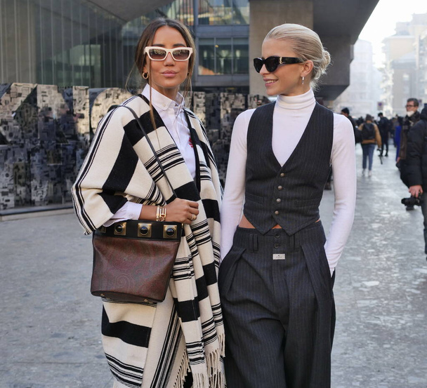Caroline Daur and Tamara Kalinic posing for photographers after Etro Fashion Show at Milan Fashion Week Fall/Winter 2021/2022 collections. - Photo, Image