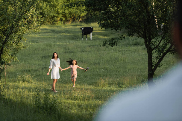 happy girl holding hands with mother near cow grazing in green meadow - Foto, imagen