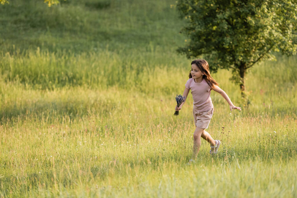 full length of child with lavender bouquet running across grassy meadow in summer - Φωτογραφία, εικόνα