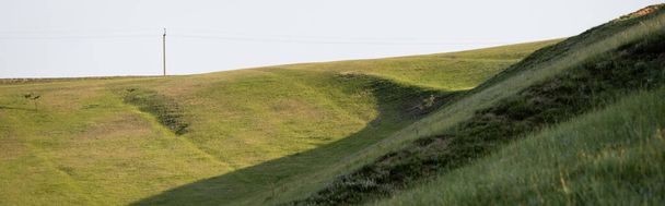 grassy hills under clear sky in countryside, banner - Photo, image