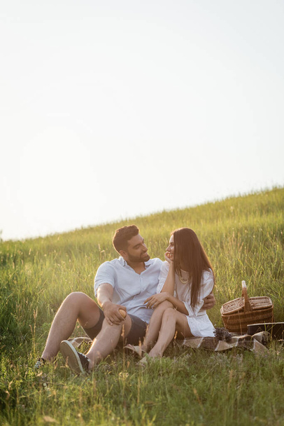 happy couple talking while sitting on plaid blanket in grassy field under clear sky - Photo, Image