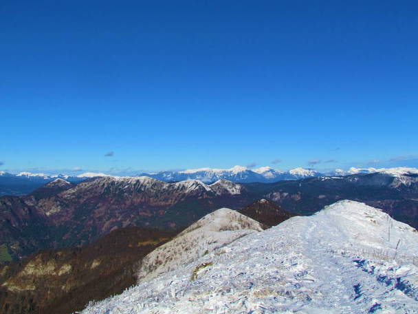 Vista panorámica de las montañas Stol y Karavanke tomadas desde la cima de Porezen en la región de Gorenjska de Eslovenia en invierno en un día azul claro con nieve cubriendo las cimas de las montañas - Foto, imagen