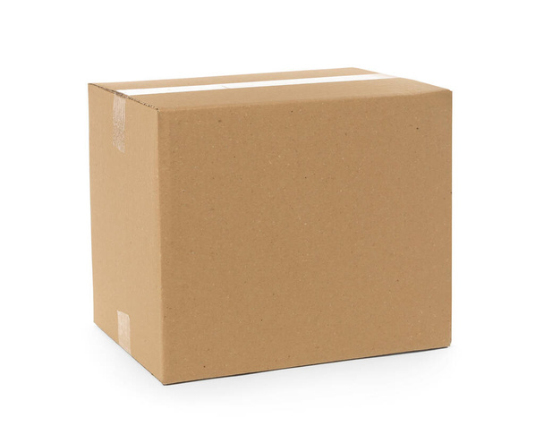 One closed cardboard box isolated on white. Delivery service - Zdjęcie, obraz
