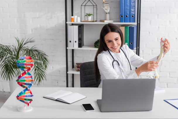 Позитивний лікар, який тримає модель хребта під час онлайн-консультації на ноутбуці поблизу ноутбука та смартфона в клініці
  - Фото, зображення