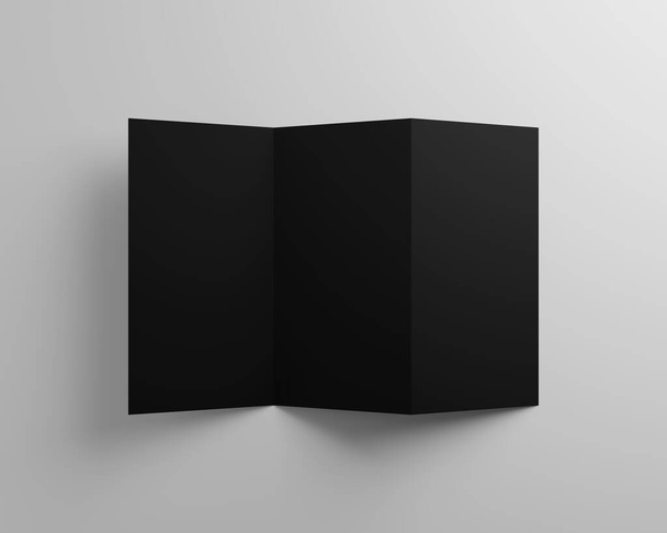 Open black trifold leaflet, brochure, catalogue mockup on grey background, 3D rendering - Фото, зображення