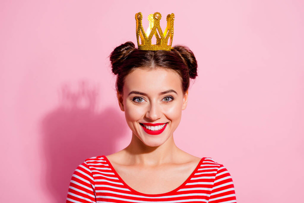 Photo of cheerful pretty girl wear golden crown toothy smile isolated on pink color background. - Valokuva, kuva
