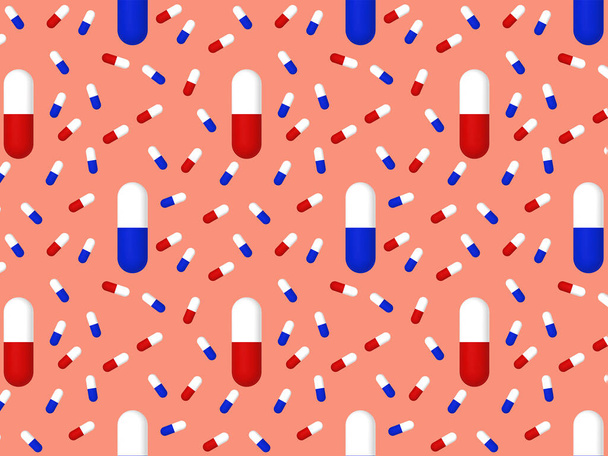 Drawing of images of medical capsules on red background. Template for application to surface. medicine. pattern. Horizontal image. 3D rendering. 3D image - Fotoğraf, Görsel