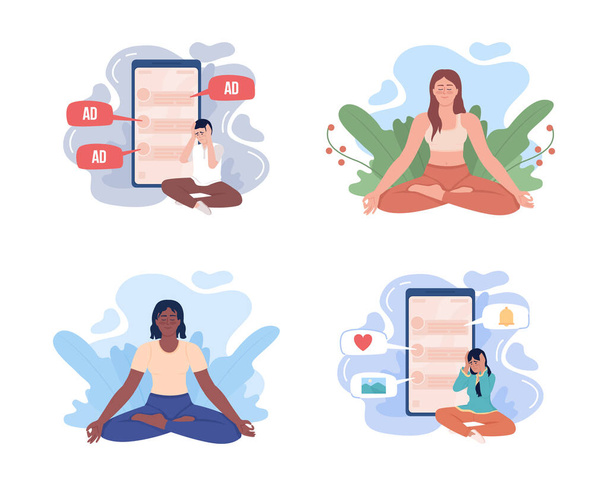 Mindfulness and internet addiction 2D vector isolated illustrations set. Flat characters on cartoon background. Colourful editable scenes for mobile, website, presentation pack. Bebas Neue font used - Vector, imagen